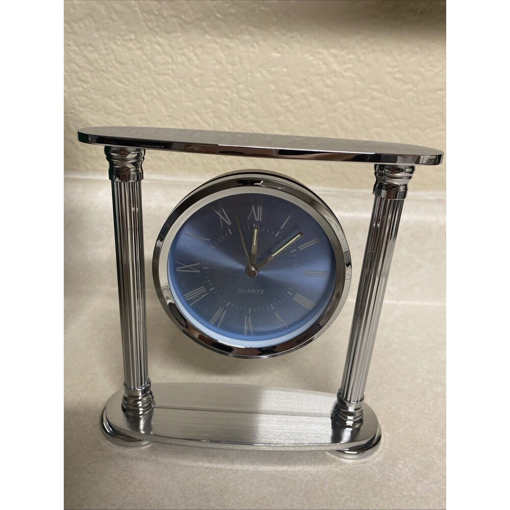 Silver Tone Blue Face Roman Numerals Quartz Desk Clock